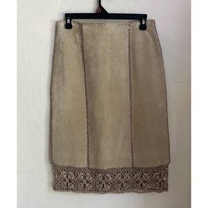 Vintage IDI‎ Y2K 90s Beige Leather Suede Crochet Trim Skirt M